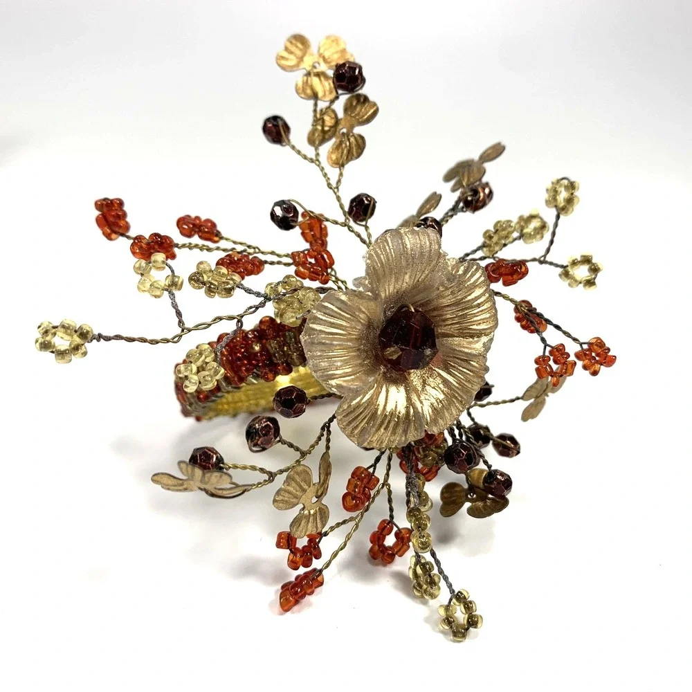 Vintage Pier 1 Napkin Rings Gold Tone Metal Floral Red & Gold Beaded -Set Of 8